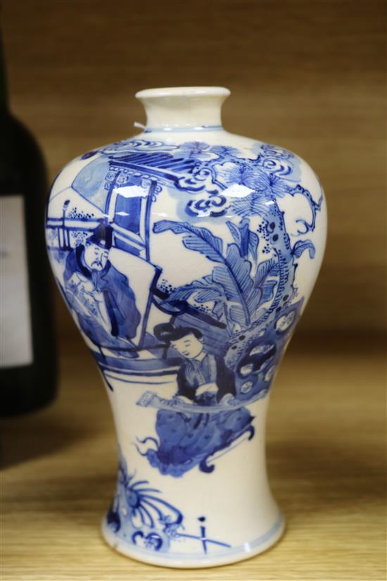 A Chinese softpaste porcelain blue and white Meiping, 18th/19th entury, wood stand Height 19.5cm